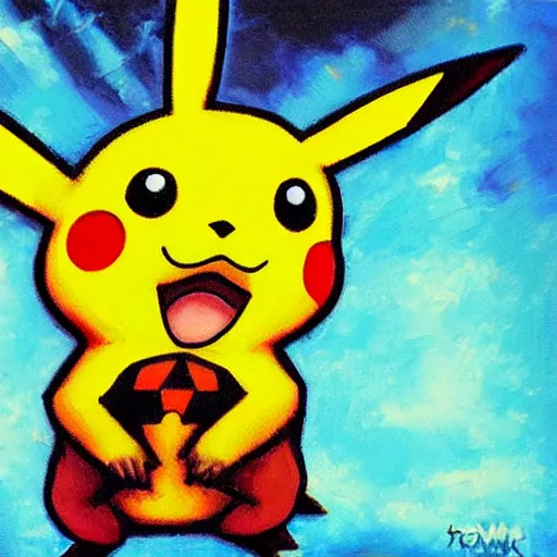 Image similar to old oil painting of a Pikachu in cyberpunk style