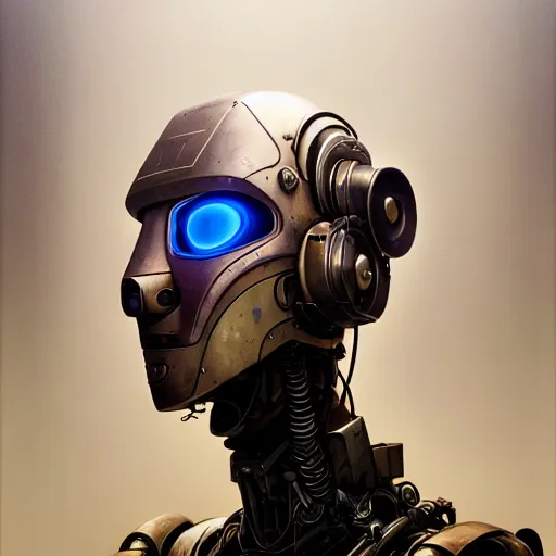 Image similar to a expressive portrait of masked diesel punk robot in dramatic lighting, depth of field background, artstation, award - winning realistic sci - fi concept art by jim burns and greg rutkowski, beksinski, a realism masterpiece, expressive color palette, james gilleard, bruegel, alphonse mucha, and yoshitaka amano