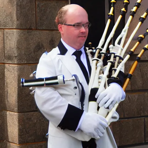 Image similar to bagpipes made of foley catheter bag and clear tubes