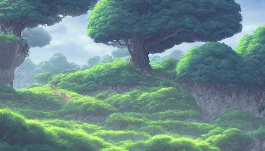 Prompt: a landscape of a single tree with bushes nearby, studio ghibli, castle in the sky, animated, anime, illustrated, vibrant, by artgerm, dungeons and dragons background on artstation