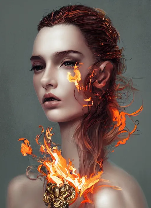 Prompt: fashion portrait with fire, female, 3d, future, torch, flame, harper's bazaar, vogue, fashion magazine, intricate, concept art, close up, ornate, luxury, elite, elegant, trending on artstation, by ruan jia, by Kenneth Willardt, by ross tran, by WLOP, by Andrei Riabovitchev,