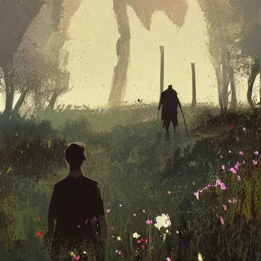 Image similar to timothee chalamet, concept art by jama jurabaev and ismail inceoglu and sparth, cel shaded, cinematic shot, trending on artstation, high quality, brush stroke, lawns, fluorescent spots, luminous flowers, and lonely atmosphere