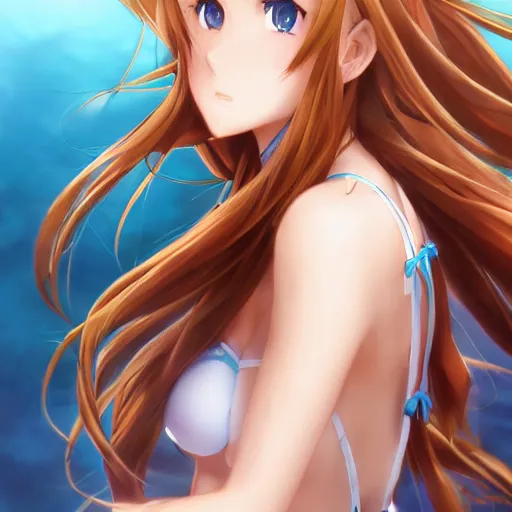 Image similar to a very beautiful yuuki asuna, full body, long wavy blond hair, sky blue eyes, full round face,, bikini, miniskirt, front view, mid - shot, highly detailed, cinematic wallpaper by stanley artgerm lau