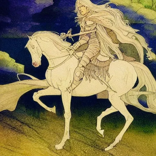 Image similar to a realistic and atmospheric watercolour fantasy concept art of a knight on a white horse, muted colors. by rebecca guay, michael kaluta, charles vess and jean moebius giraud,