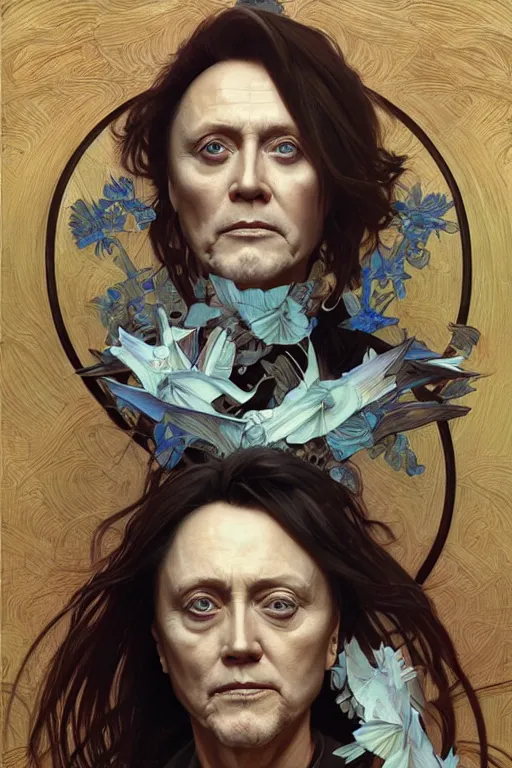 Image similar to portrait of christopher walken with an face tattoo, masterpiece painting by artgerm and greg rutkowski and alphonse mucha and android jones