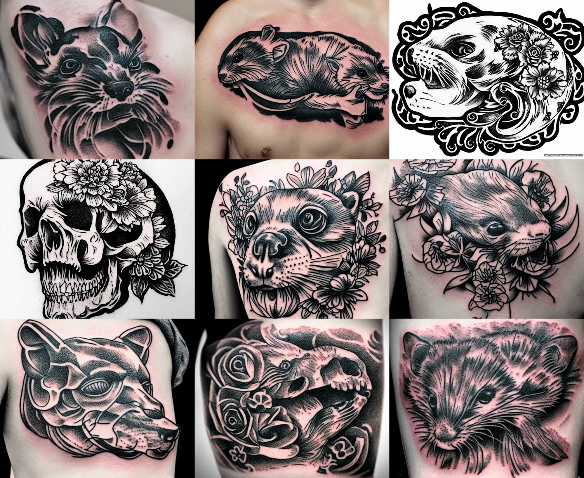 Image similar to detailed amazing tattoo stencil of a floral ferret crawling on a human skull