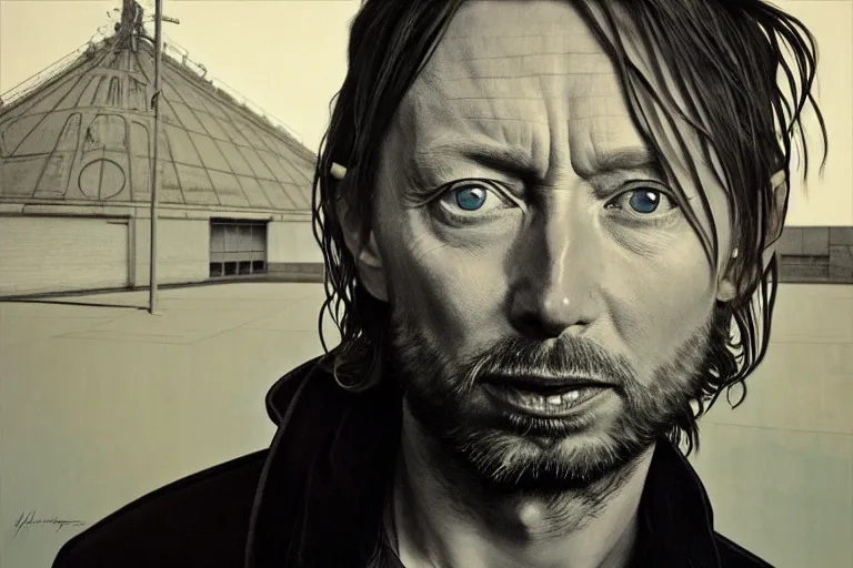 Prompt: hyper realistic portrait of thom yorke singer songwriter, side, liminal space, inside empty parking lot, by lee bermejo, alphonse mucha and greg rutkowski