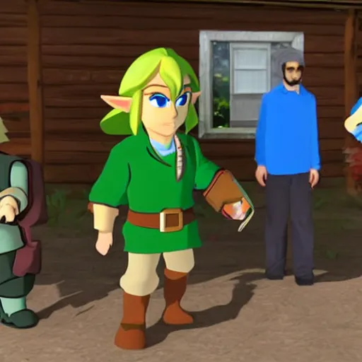 Image similar to link from legend of zelda visits the trailer park boys and smoke's weed with them, real trailer park boys episode, realistic, hdr, clear image, hdd, rtx on, dynamic lighting,