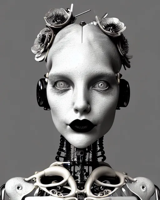 Image similar to black and white dreamy foggy smoky profile face portrait, one silver steampunk realistic eye biomechanical beautiful young female cyclope - cyborg - robot bust, body ribs meshes,, volumetric light, hibiscus flowers, by hg giger, rim light, by dora maar and cecile beaton, big gothic fashion pearl embroidered collar, 8 k