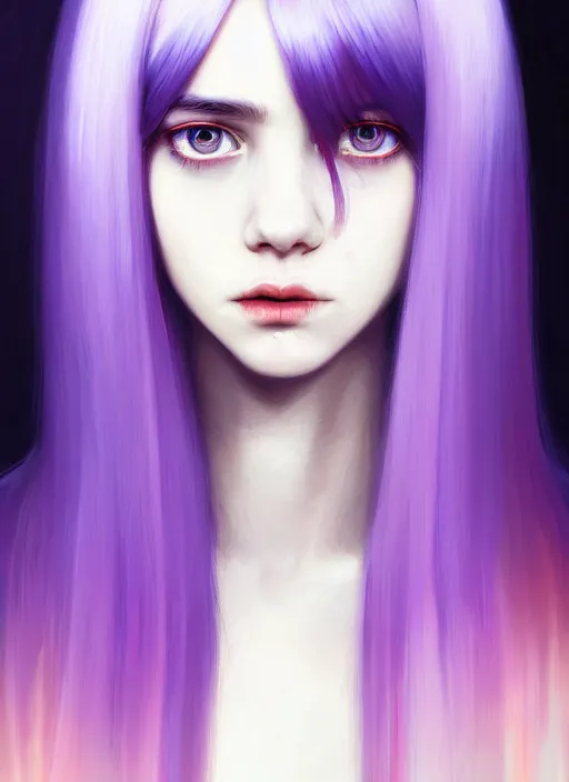 Image similar to hair whitebangs hair, black hair, whitebangs, portrait of teenage girl with white bangs, red irises, purple clothes, white bangs, bangs are different color from hair, intricate, elegant, glowing lights, highly detailed, digital painting, artstation, concept art, smooth, sharp focus, illustration, art by wlop, mars ravelo and greg rutkowski