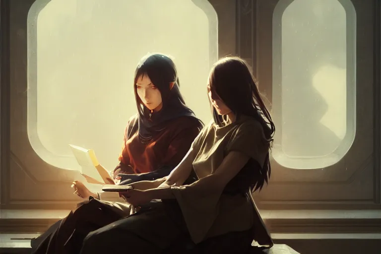 Image similar to portrait of two wise and very beautiful women discussing some texts, art by guweiz and greg rutkowski, intricate, elegant, highly detailed, smooth, sharp focus, artstation