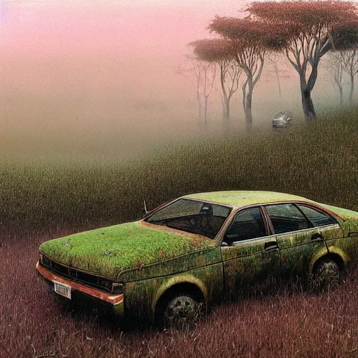 Image similar to hyper realistic painting of an abandoned holden commodore covered with moss, an Australian summer landscape, by Zdzislaw Beksinski