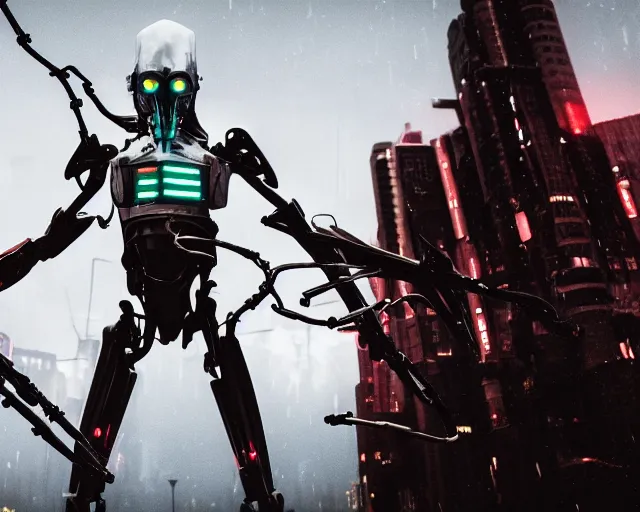 Prompt: photo of the iconic scene where general grievous with 4 arms holding 4 activated lightsabers in the rain. cyberpunk horror style. highly detailed 8 k. intricate. nikon d 8 5 0 5 5 mm. award winning photography.