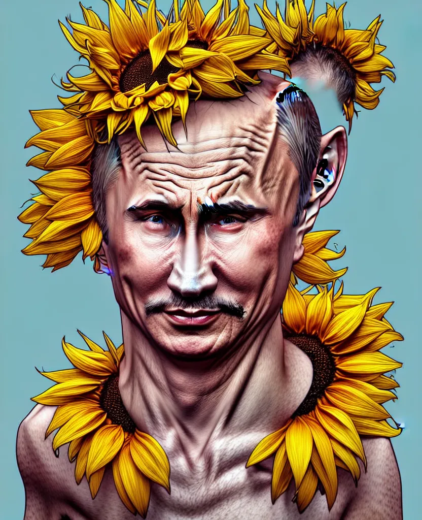 Image similar to digital art, centered full body of Putin smiling king, Sunflower crown, ,intricate, veins, by James Jean and by artgerm , by ross tran ultradetailed, charachter design, concept art, trending on artstation,