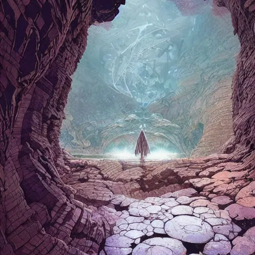 Image similar to quantum cavern walkway sacred fantasy nature photography airbush cinematic by arthur adams, moebius, wlop, james gurney, victo ngai, james christensen, greg rutkowski, john howe