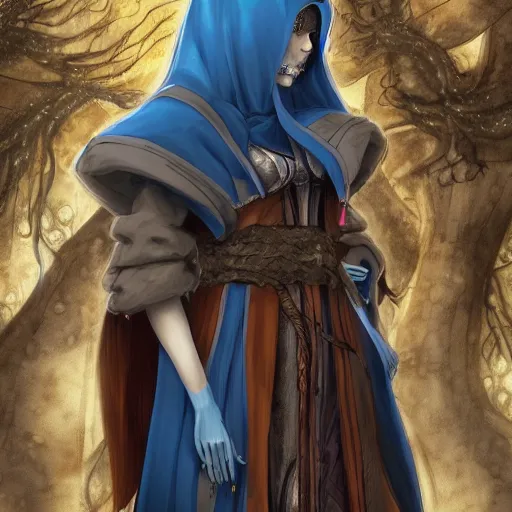 Prompt: A female wizard with long brown hair wearing a blue hood and blue robe exploring a dark and sinister medieval village, fantasy setting, seinen anime art, professional digital painting, extremely detailed, ranked number 1 on pixiv