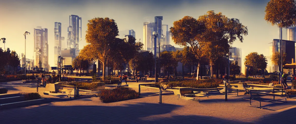 Prompt: modern city center public park, modern landscape architectural design for industrialpunk, gorgeous lighting, golden hour, cyberpunk, 2077, dramatic lighting and composition, high detail digital art 5, 8k