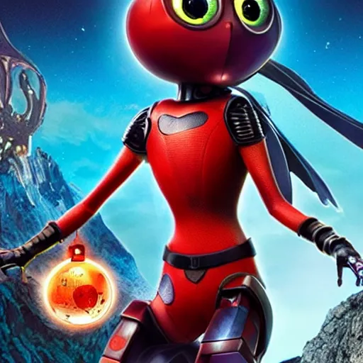 Image similar to promotional movie still, ladybug futuristic ( ( descendants ) ), ladybug quadruped with big rgb eyes, huge ladybug mothership, space western, dramatic lighting, the fellowship of the ring ( film ), ( ( ( wall - e ( film ) ) ) )