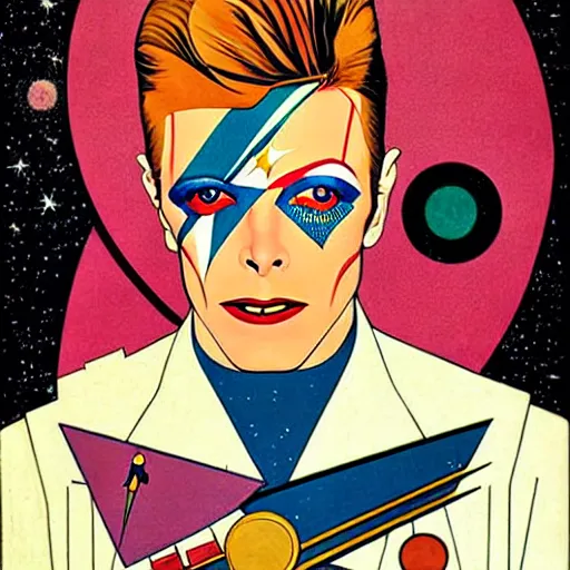 Image similar to Art by Coles Phillips, David Bowie as Space Commander Zeta from the Year 3000, Mucha, Kandinsky