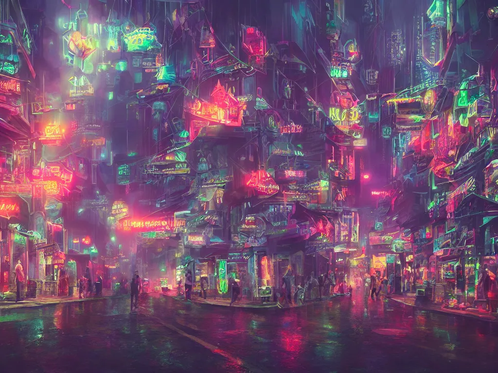 Image similar to A lively city full of mystery and secrets within the fog, holograms creating spirits that roam the streets, neon market signs, bright technological lights, highly detailed, matte painting, intricate detail, trending on artstation