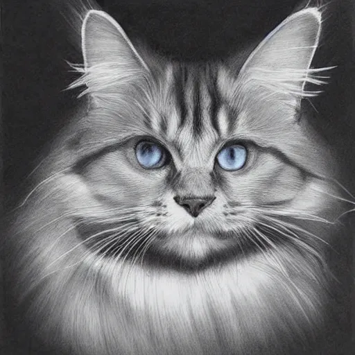 Image similar to long - haired siberian cat, illustration, charcoal, coulson, peter, bagshaw, tom