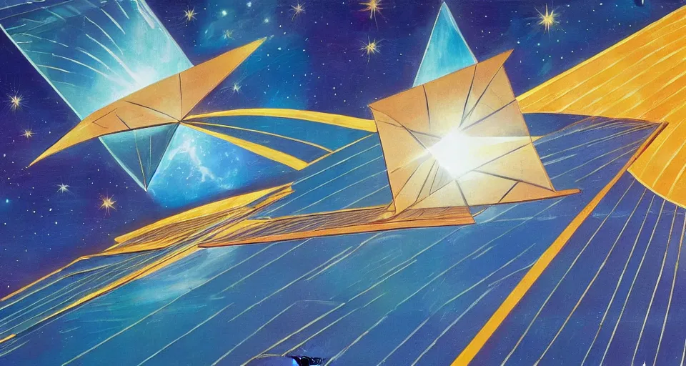 Image similar to giant solar sail, floating in space between the sun and earth, art deco painting