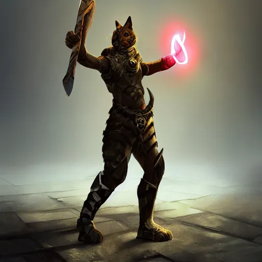 Prompt: character concept portrait, a warrior cat holding a metal weapon in a combat stance, bright glowing, 3 d rendered, 3 d rendering, dramatic lighting, unreal enginedigital painting, concept art, smooth, sharp focus, illustration, 8 k resolution, trending on art station, cinema 4 d, behance hd