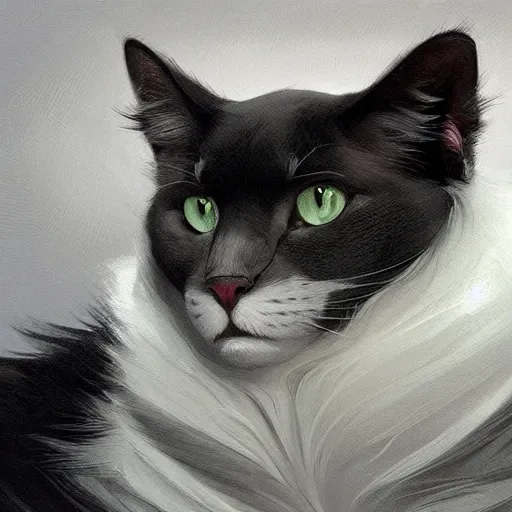 Image similar to a big dark grey cat with white belly, white paws and white face markings with long fur and fluffy tail sitting, intricate, elegant, highly detailed, digital painting, artstation, concept art, matte, sharp focus, illustration, art by Artgerm and Greg Rutkowski and Alphonse Mucha