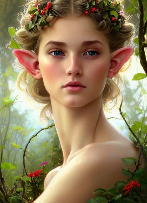 Image similar to perfectly feminine face!! full body portrait of young elf fairy blessed by nature with ever - increasing physical mental perfection, blonde, symmetrical! intricate, sensual features, highly detailed, biblical divine holy perfection!! digital painting, artstation, concept art, smooth, sharp focus, illustration, art by artgerm and greg rutkowski and alphonse mucha