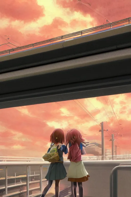 Prompt: 3d ultra realistic anime illustration, two schoolgirls flying on huge japanese elevated subway at rainy dark sunset. deep and complex composition. pastel colors. style of Hiro Kiyohara anime. redshift, octane, trending on artstation, cinematic, oil painting