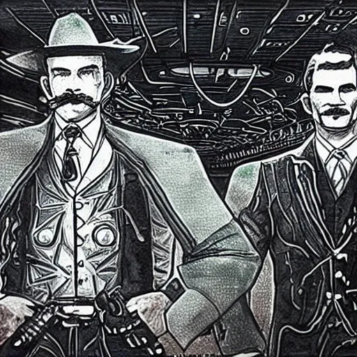 Prompt: hand drawn image of wyatt earp and doc holliday standing on the deck of a futuristic spacecraft with gears and unknown alien hydro technology, inspired by the movie interstellar, high detail, ultra realistic