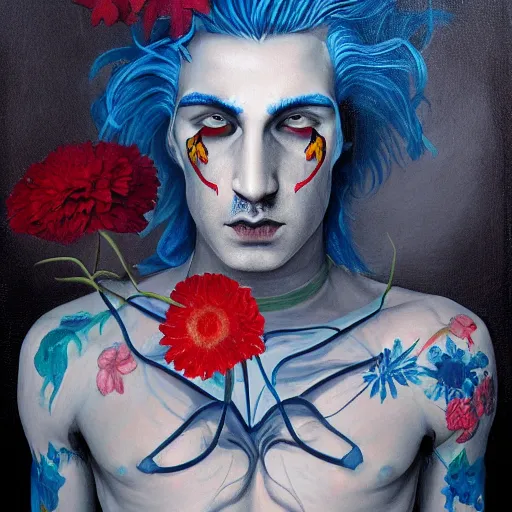 Prompt: a painting of a man with blue hair and flowers on his chest, an oil painting by james jean, cgsociety, gothic art, androgynous, grotesque, angular