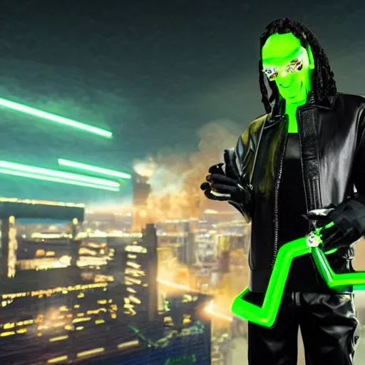 Image similar to Snoop Dogg as a cyborg cyberpunk ninja, skintight black uniform, neon green bulletproof vest, Leather gloves, Robot arm, cigarette in his mouth. and wielding a giant, smoking, blunt, as a weapon, emerging from a cloud of smoke. high quality, unreal engine 5 render, high quality render, octane render, photo realistic, ultra detail, cinematic lighting, realistic, cyberpunk, Snoop Dogg, Snoop Dogg rapper