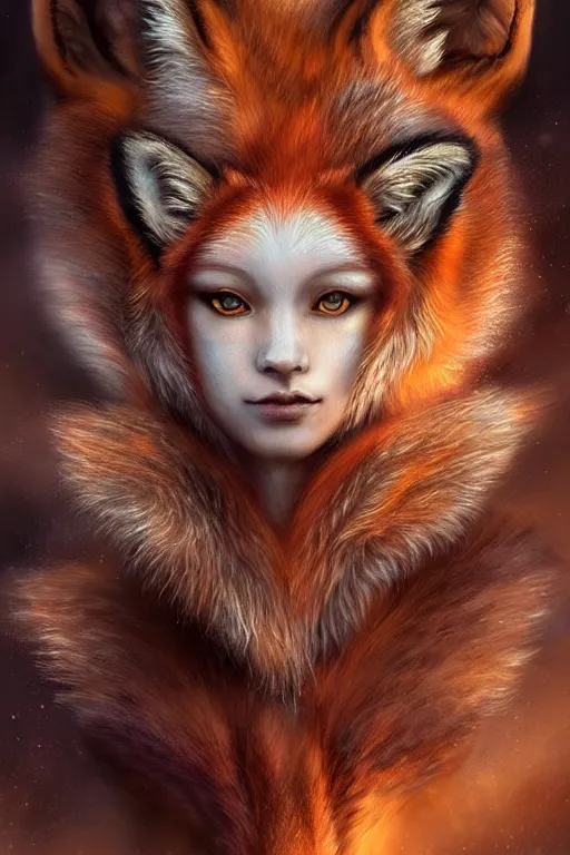 Image similar to majestic and regal portrait of a beautiful young female fox lady!!, fox ears, tail, intricate, epic, elegant, menacing, fantasy, highly detailed, digital painting, hard focus, beautiful volumetric lighting, epic light, ultra detailed, souls, smoke, by leesha hannigan, ross tran, thierry doizon, kai carpenter, ignacio fernandez rios