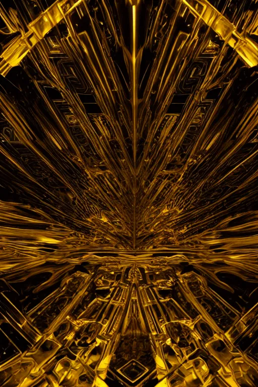 Prompt: symmetrical, black crystal eminating gold light, black background, 4 k, elements, storm, eternal mystery, atmospheric scene, epic scene, trending on artstation