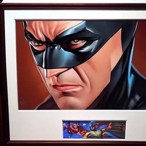 Image similar to An ultra-realistic portrait painting of Batman in the style of Alex Ross. 4K. Beautiful. Ultra-realistic. Highly detailed. Epic lighting.