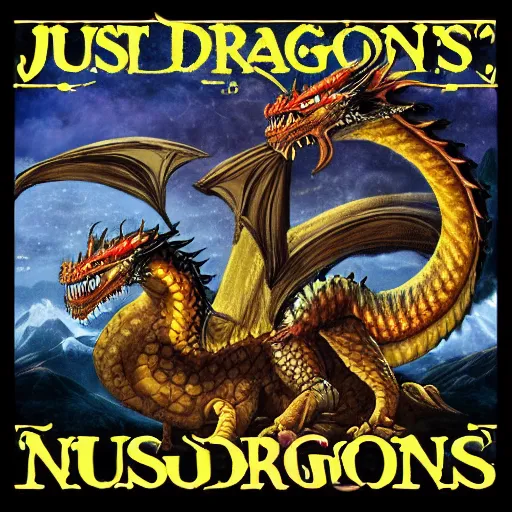 Prompt: just a bunch of dragons, album cover