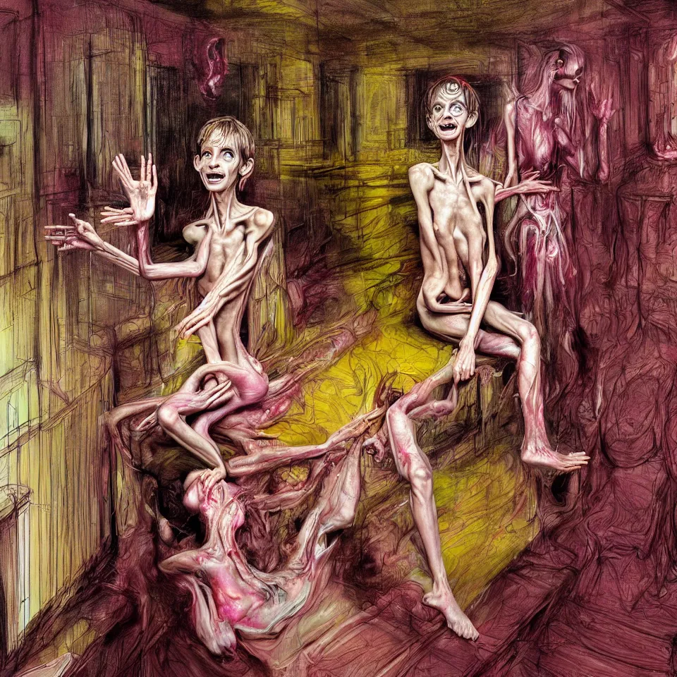Image similar to bright psychdelic realistic anorexic cult turning into gods and deamons and smiling franticly, old apartment, rotten flesh, diffuse lighting, fantasy, intricate, elegant, highly detailed, lifelike, photorealistic, digital painting, artstation, illustration, concept art, smooth, sharp focus, art by francis bacon and jenny saville