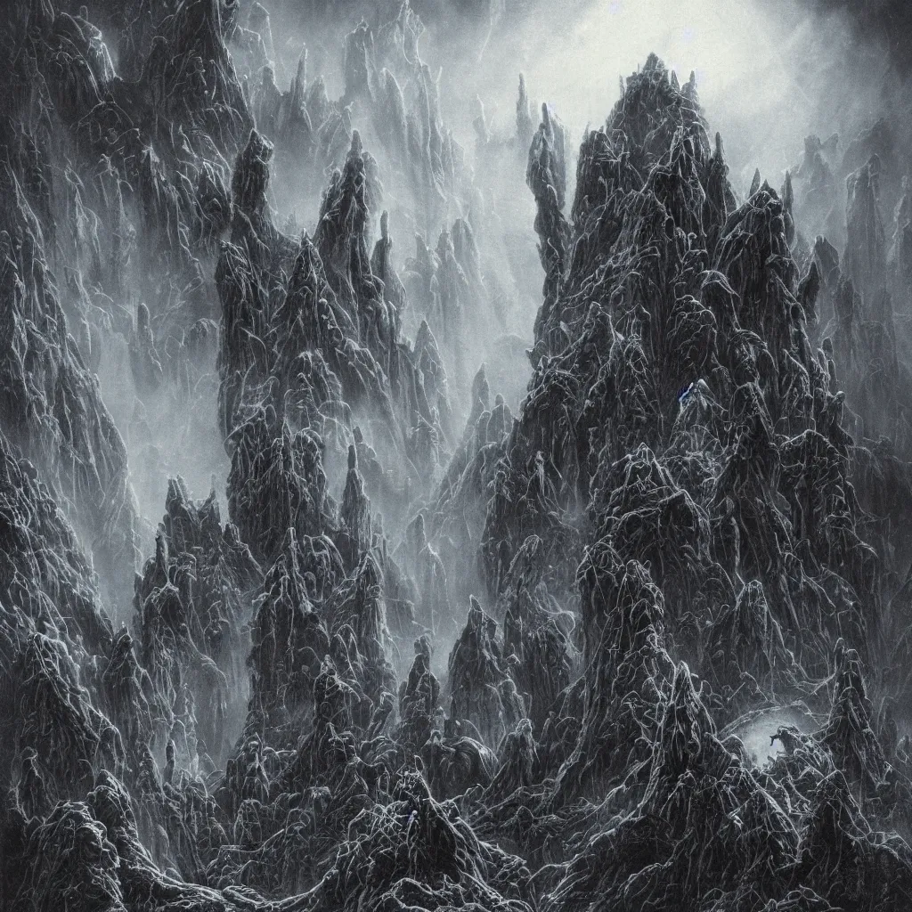 Prompt: haunted mountains of madness at night revealing an impossible titan city, upward cinematic angle, by rodney matthews, michael kaluta, hr giger, p. craig russell and thomas kinkade, ghostly darkness, thick lush winter atmosphere, stunning composition, screaming skull faces, monstrous statues of animal gods, intricate, dark eerie night color scheme, elegant, digital art, hyperdetailed, colorful hyperrealism, brilliant photorealism, horror, masterpiece, 4k