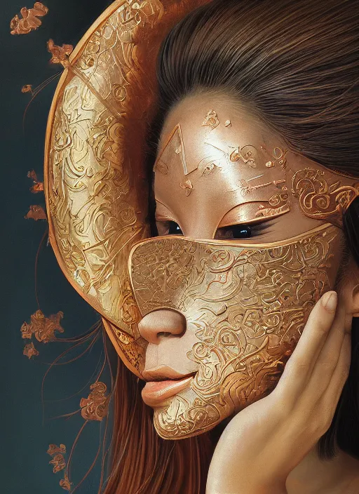 Image similar to a beautiful detailed oil on copper art illustration of a japanese shityome mask woman, the mask is broken, centered, by charlie bowater, zeng fanzh, trending on artstation, dim dusk lighting, cinematic lighting, detailed lighting, volumetric lighting, realistic, f 8, 4 k hd wallpaper