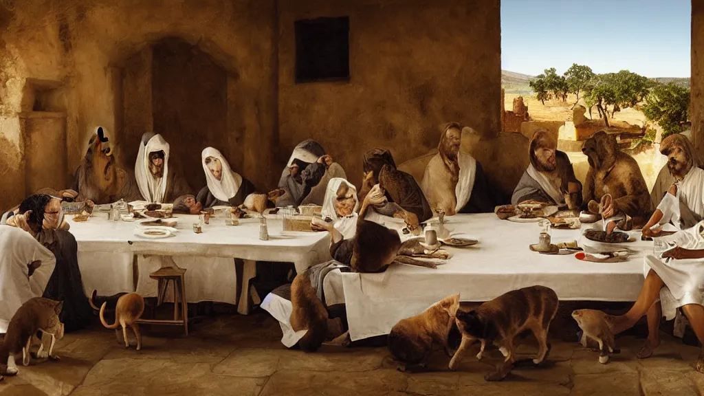 Prompt: humans with cat heads dressed in suits sitting around a table in the scene of the last supper, under the porch of a typical portuguese house, with typical alentejo landscape in the back, sunny morning, matte painting, oil canvas, photorealistic illustration, extreme detail, hyper realistic, highly detailed, digital art