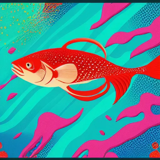 Prompt: one stylized fish with saturated colors viewed in profile in the very desaturated ocean filled with complex sparkles and patterns, artstation, intricate, realistic, highly detailed, digital painting, concept art, sharp focus, illustration by tom whalen and charles williams and kilian eng and james jean