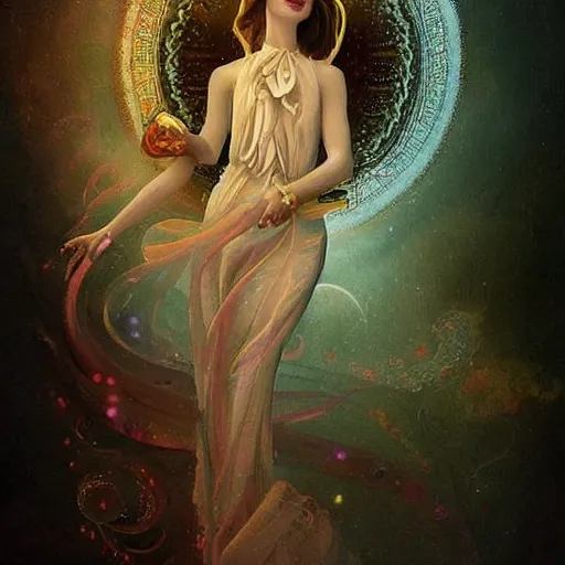 Image similar to intricate, amazing, retro vintage and romanticism, painting by natelle quek, soft color palette, highly detailed, godess from space sci - fi of ancient religion