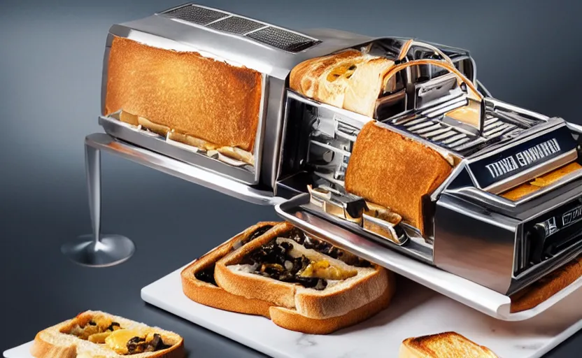 Prompt: a time-traveling delorean styled toaster with toast, professional product shot, magazine ad