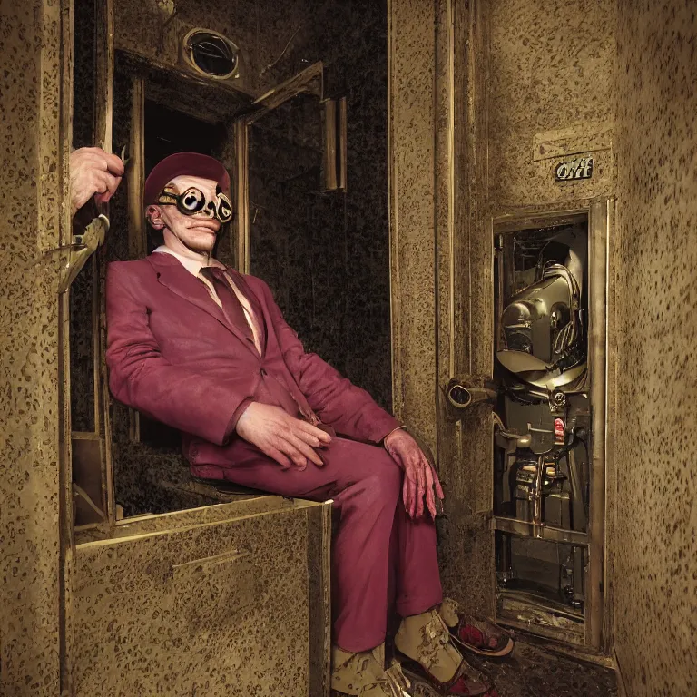 Image similar to low angle octane render portrait by wayne barlow and carlo crivelli and glenn fabry, a creepy nearly human strange looking sinister man in a bright saturated wes anderson elevator operator costume inside a dark and moody vintage elevator in a high - end boutique hotel, very short depth of field, bokeh