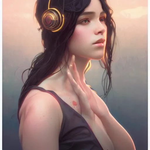 Image similar to beautiful, young woman, sad eyes, vaporwave aesthetic, synthwave, digital painting, artstation, concept art, smooth, sharp focus, illustration, art by artgerm and greg rutkowski and alphonse mucha