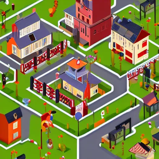 Prompt: isometric town, style of Hello Neighbor, dim lighting