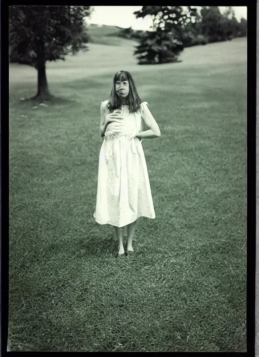 Image similar to woman at lawn, polaroid photography in style of andrey tarkovski, 35mm, film photo