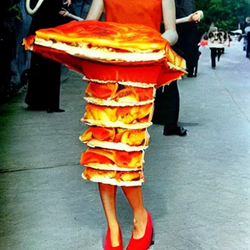 Image similar to dress made out of lasagna, fashion, 6 0 s