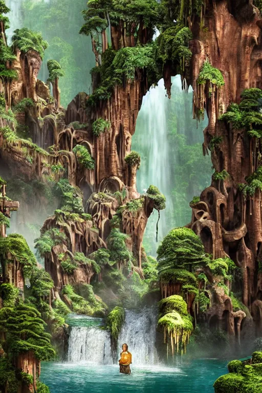 Image similar to carved into a Mountain a temple above a waterfall, giant intricate statues, arches adorned pillars, archways, gnarly trees, lush vegetation, forrest, a small stream runs beneath the waterfall, landscape, raphael lacoste, eddie mendoza, alex ross, concept art, matte painting, highly detailed, rule of thirds, dynamic lighting, cinematic, detailed, denoised, centerd